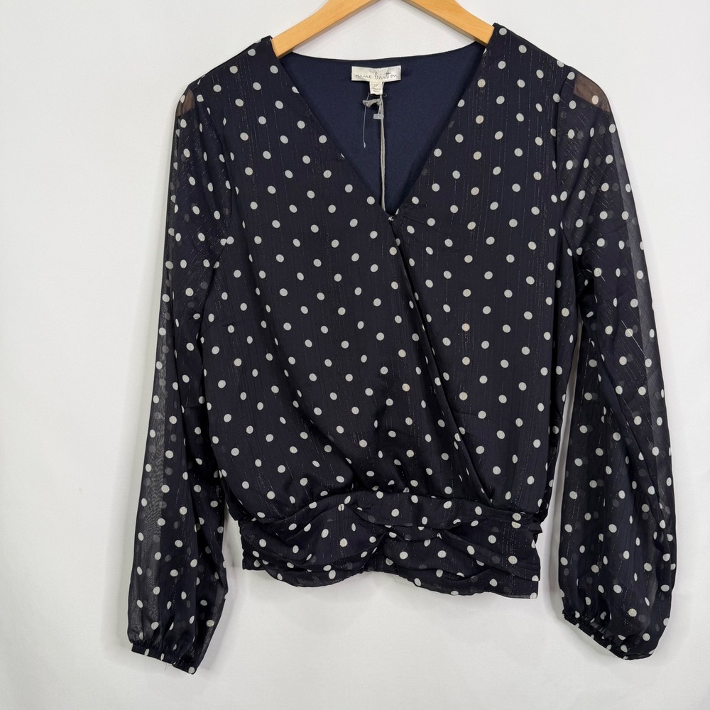 Nine Britton Inez Chiffon Smocked Bottom Blouse Navy Polka Dot Metallic SP NWT - Picture 3 of 8